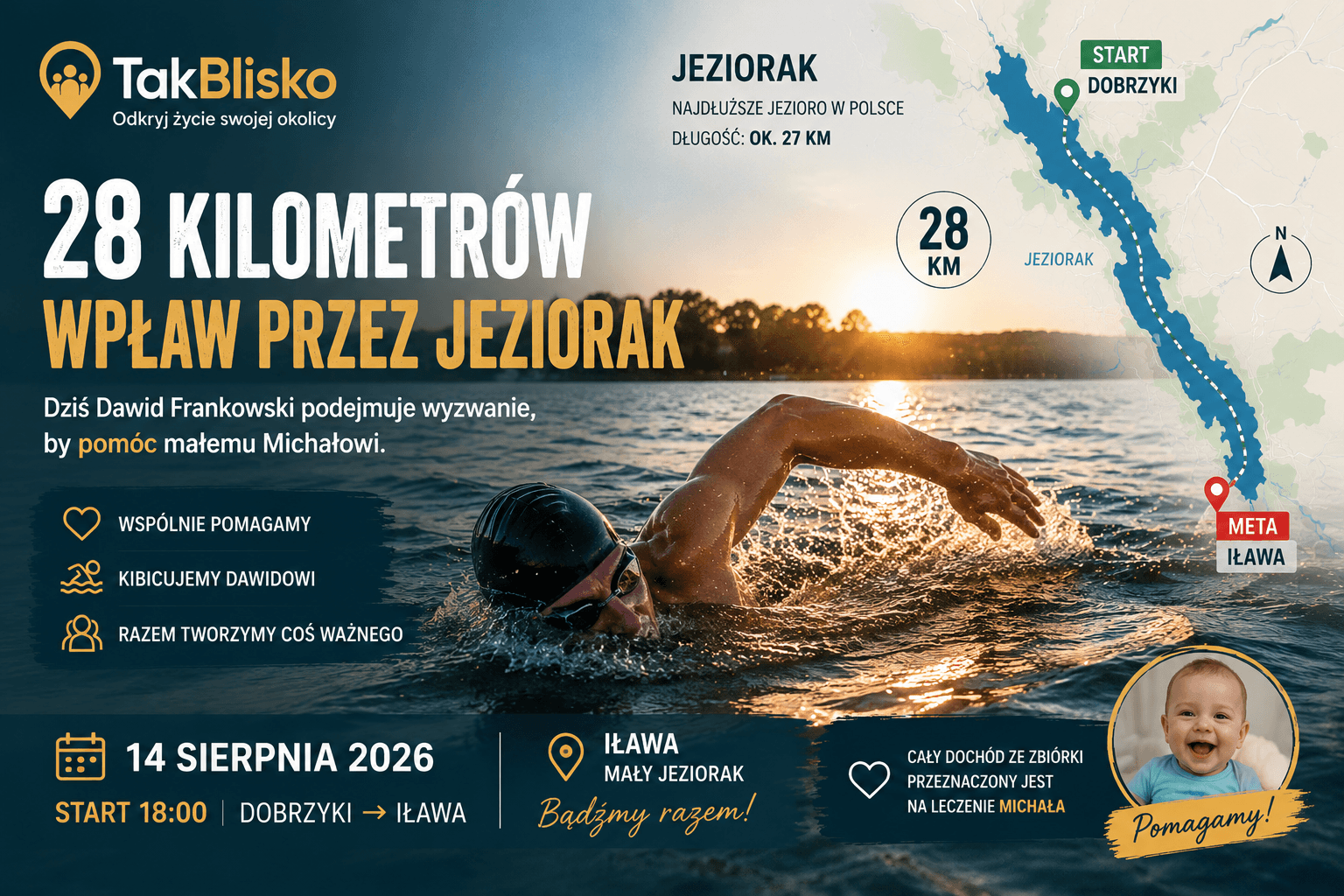 Pływak przepływający Jeziorak na trasie z Dobrzyk do Iławy w ramach 28-kilometrowego wyzwania