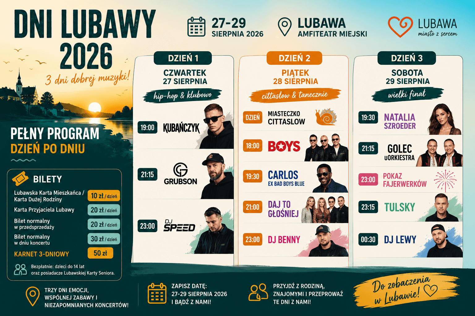 Dni Lubawy 2026 - program koncertów 27-29 sierpnia, artyści i informacje o biletach